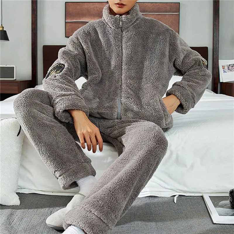 Mens Warm Pajama Set Autumn Winter Thick 2-piece Set Flannel Pajama Flannel Zipper Sleeping Trouser Home ClothingW240719