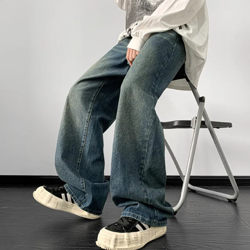 Mens autumn loose jeans wide leg mens straight Harajuku retro Trouser streetwear 240819