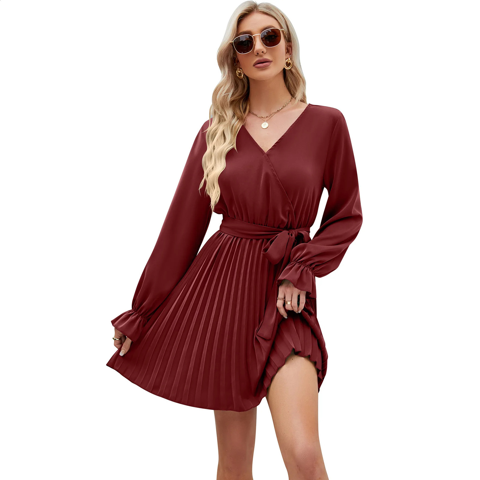 Womens Dress Spring Autumn Female Long Sleeve Dress V-neck Lace Casual Pleated Dress Soft Comfy Vintage Womens Dress 240819