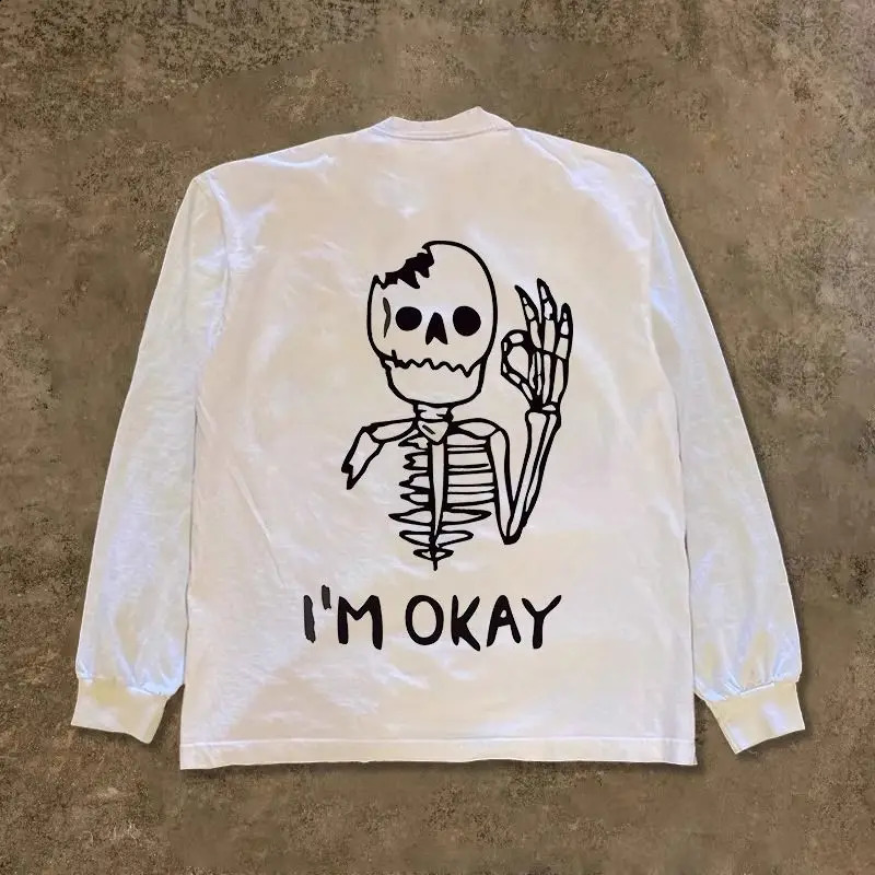 Pure Cotton Im OK Graffiti Pattern Printed Round Neck T-shirts for Men Trendy Y2k Spring Casual Thin Long Sleeved Couple Tops 240820