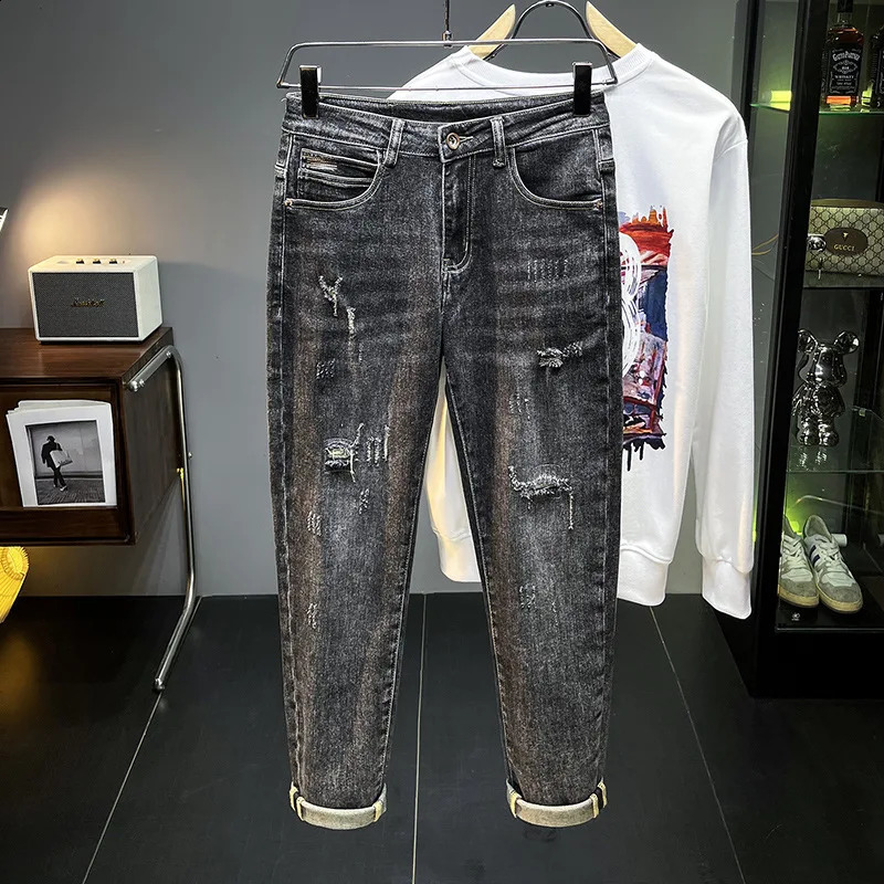 Autumn and winter black gray jeans men fashion holes denim casual Stretch Slim Fit Ankle tight trousers 240819