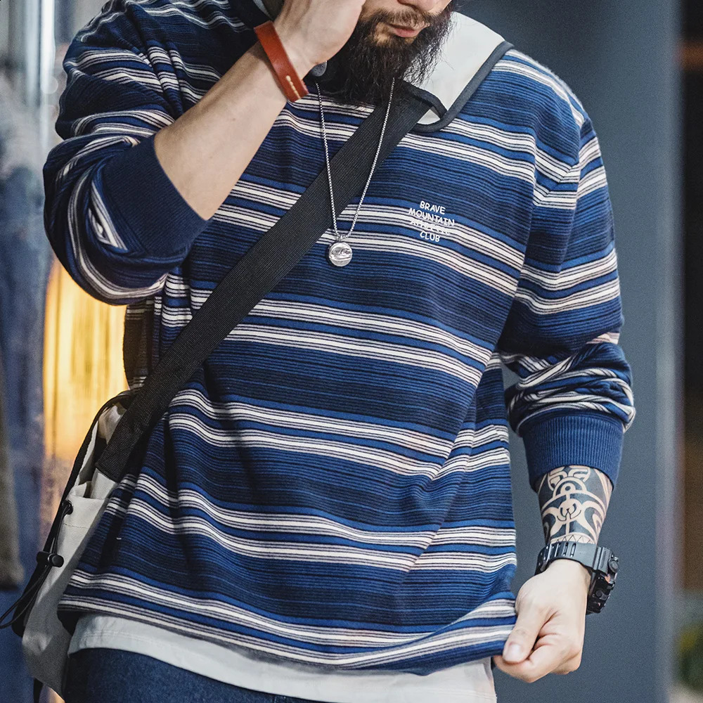 Maden Casual Contrast Striped Knit Pullover Cityboy Blended Round Neck Long-sleeved T-shirt for Mens Spring Tops 240820