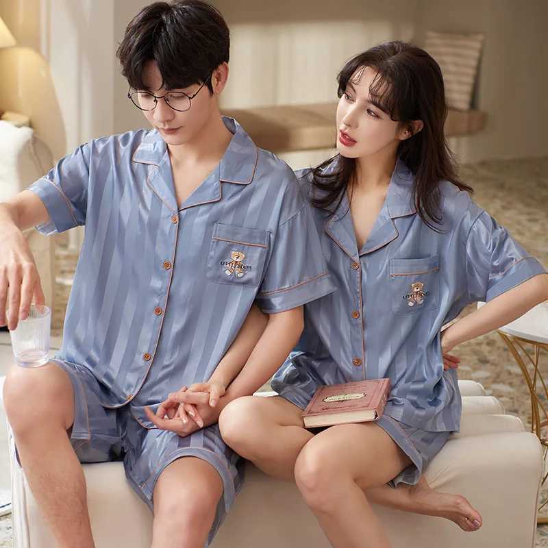 Satin sleepwear womens short sleeved sleepwear mens soft silk button down jacket Pjs short sleeved setW240719