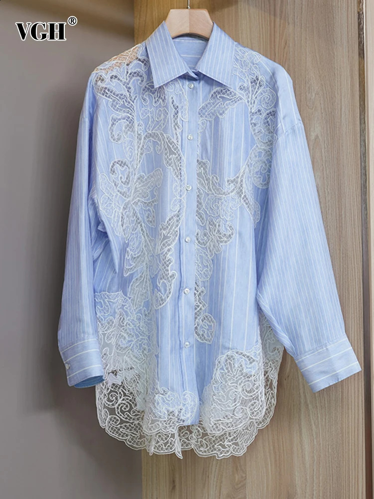 VGH striped patchwork work lace womens casual shirt with lapel long sleeved patchwork single chest loose fitting womens clothing 240820