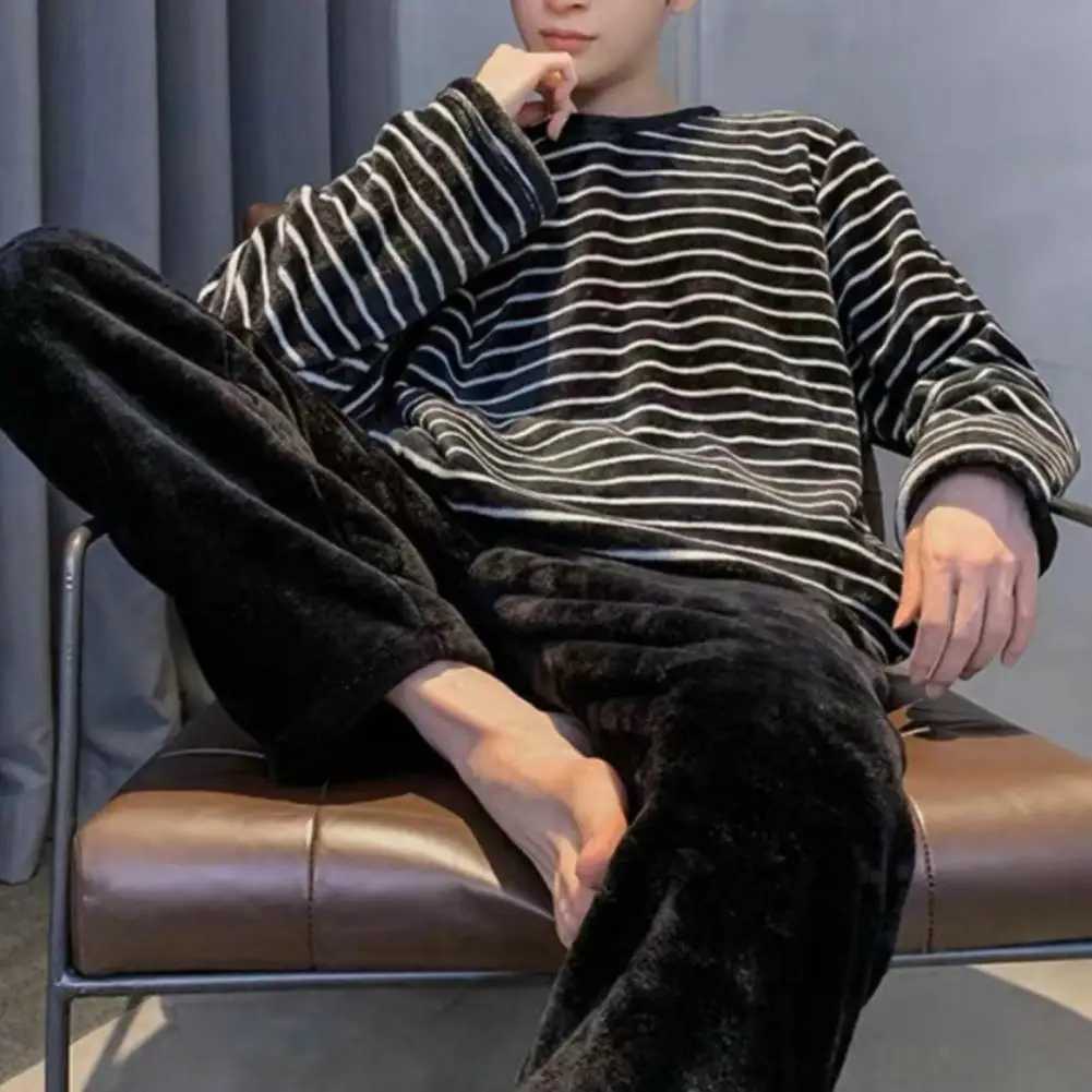 Autumn and Winter Pajama Set Striped O-neck Long Sleeve Warm Elastic Waist Thick Coral Velvet Mens PajamaW240719