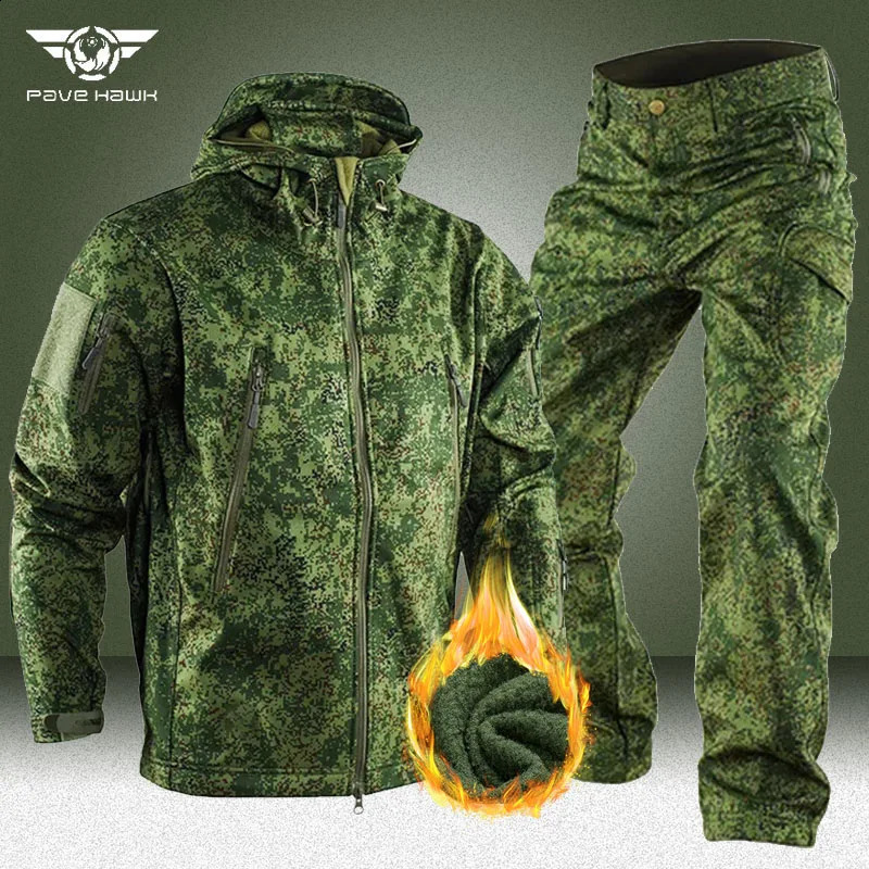 RU Camo Tactical Sets Men Winter Shark Skin Soft Shell JacketsArmy Multi-pocket Cargo Pants 2 Pcs Suits Waterproof Fleece Set 240819