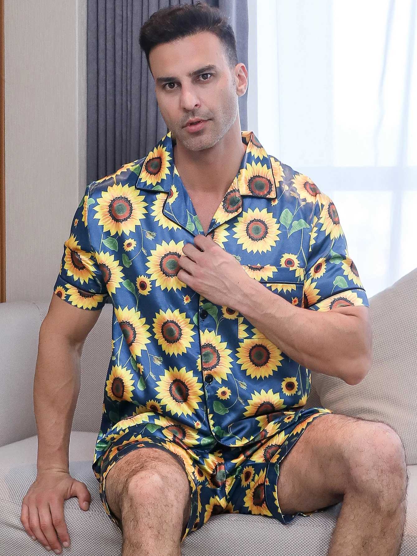 Mens two-piece summer short sleeved pajamas with sunflower pattern printed home clothing pajamas setW240719