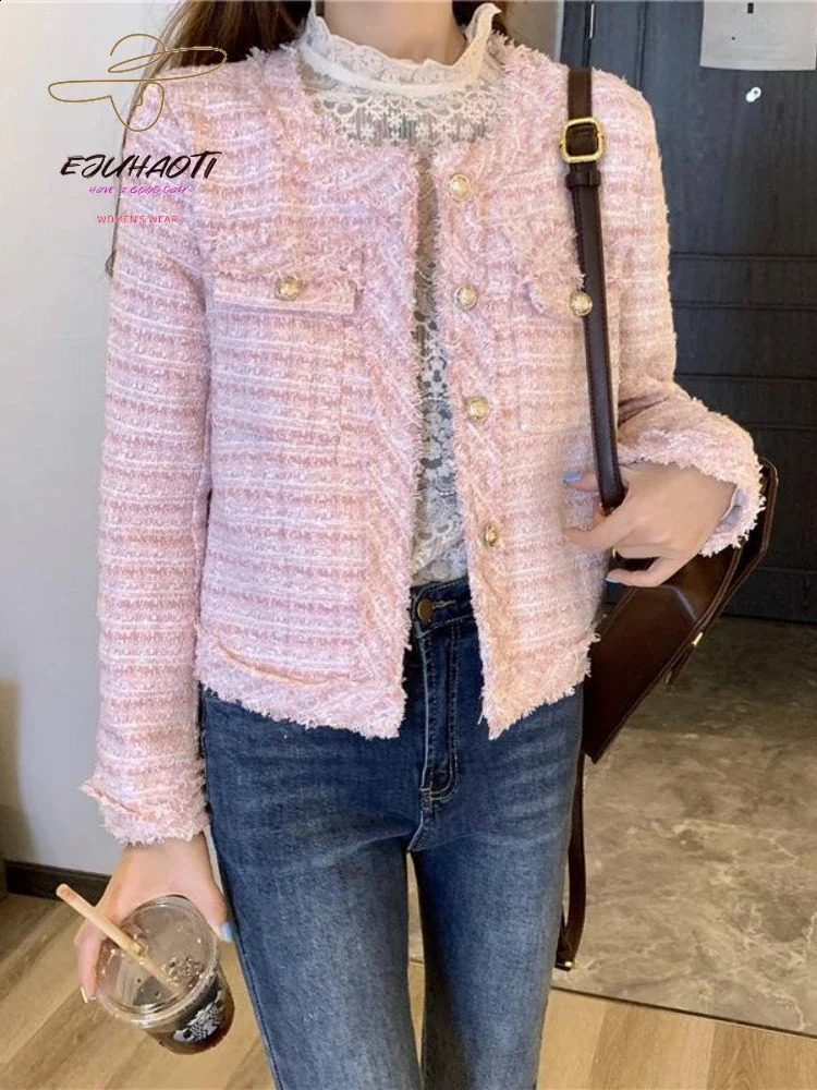 Womens jacket small perfume tweed coat autumn winter temperature tassels long sleeves blouse Korean fashion womens clothing 240819