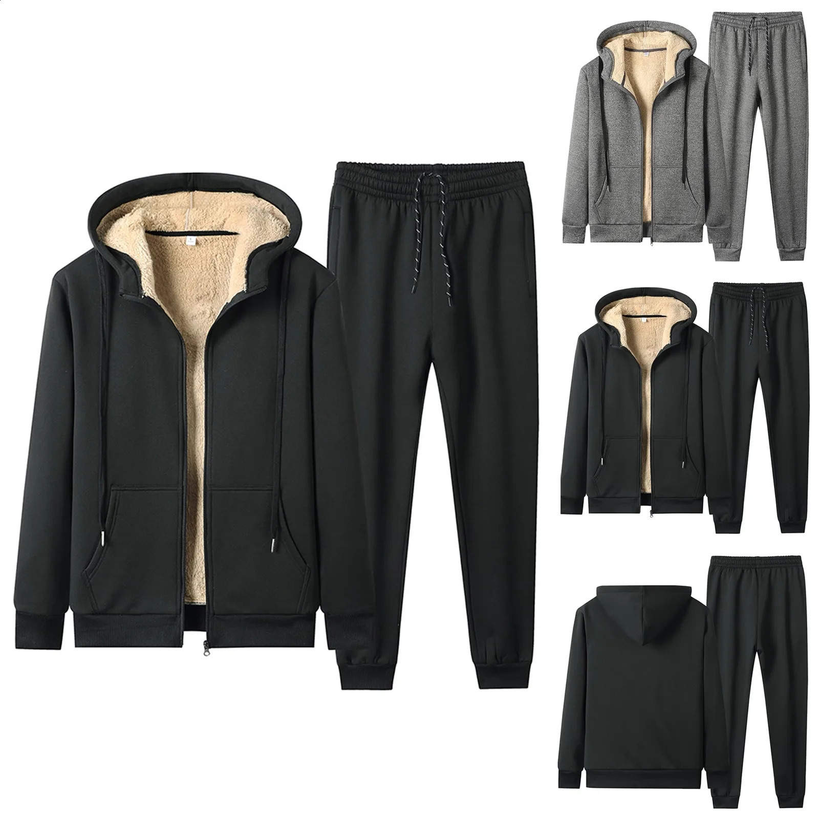 Tracksuit Men 2 Pieces Set Warm Fur Inside Sweatshirt Thicken Jacketpant Set Cardigan Winter Fleece Hood Male Hoodies Coat 240819