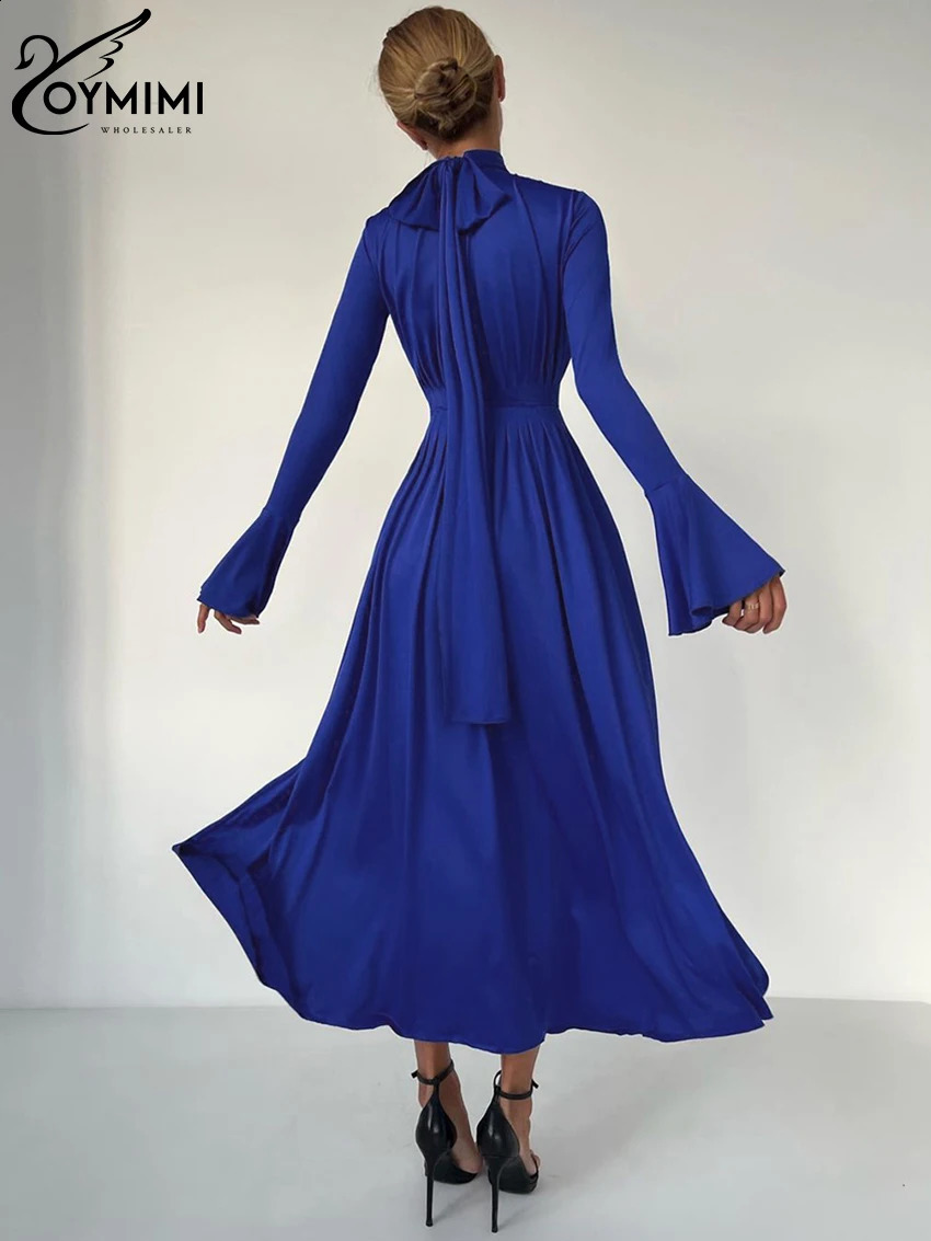 Oymimi Sexy Slim Blue Knitted WomenS Dress Fashion Turtleneck Long Sleeve Ankle Length Dress Elegant Pleated Hollow Out Dress 240819