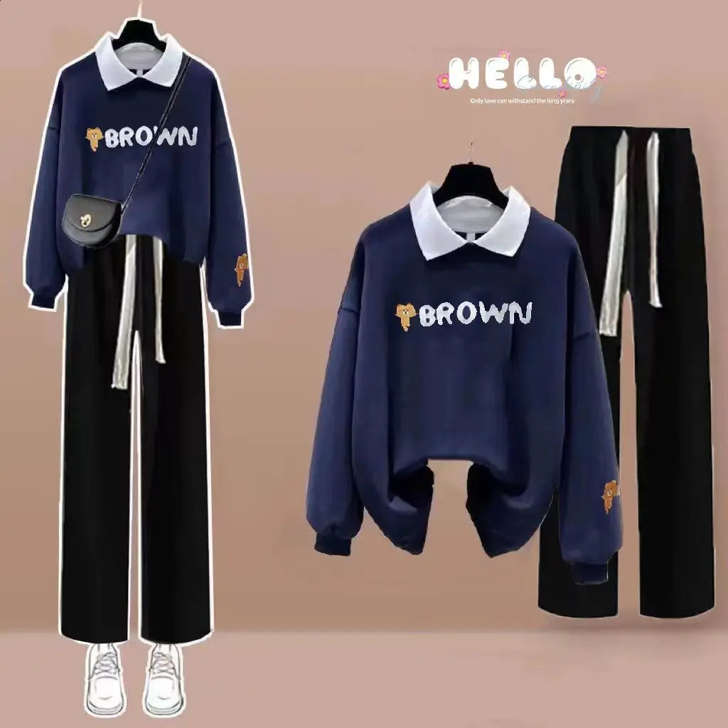 Spring and Autumn Sports Set Womens Korean Edition Loose POLO Neck Loose TopElastic Waist Casual Pants Two Piece Set 240820