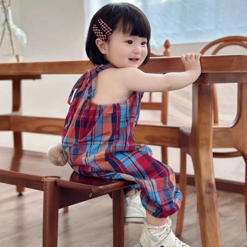 Cherry Girls Red and Blue Plaid jumpsuit summer cute bunny tail girl bib pants baby coat girl jumpsuit W240806