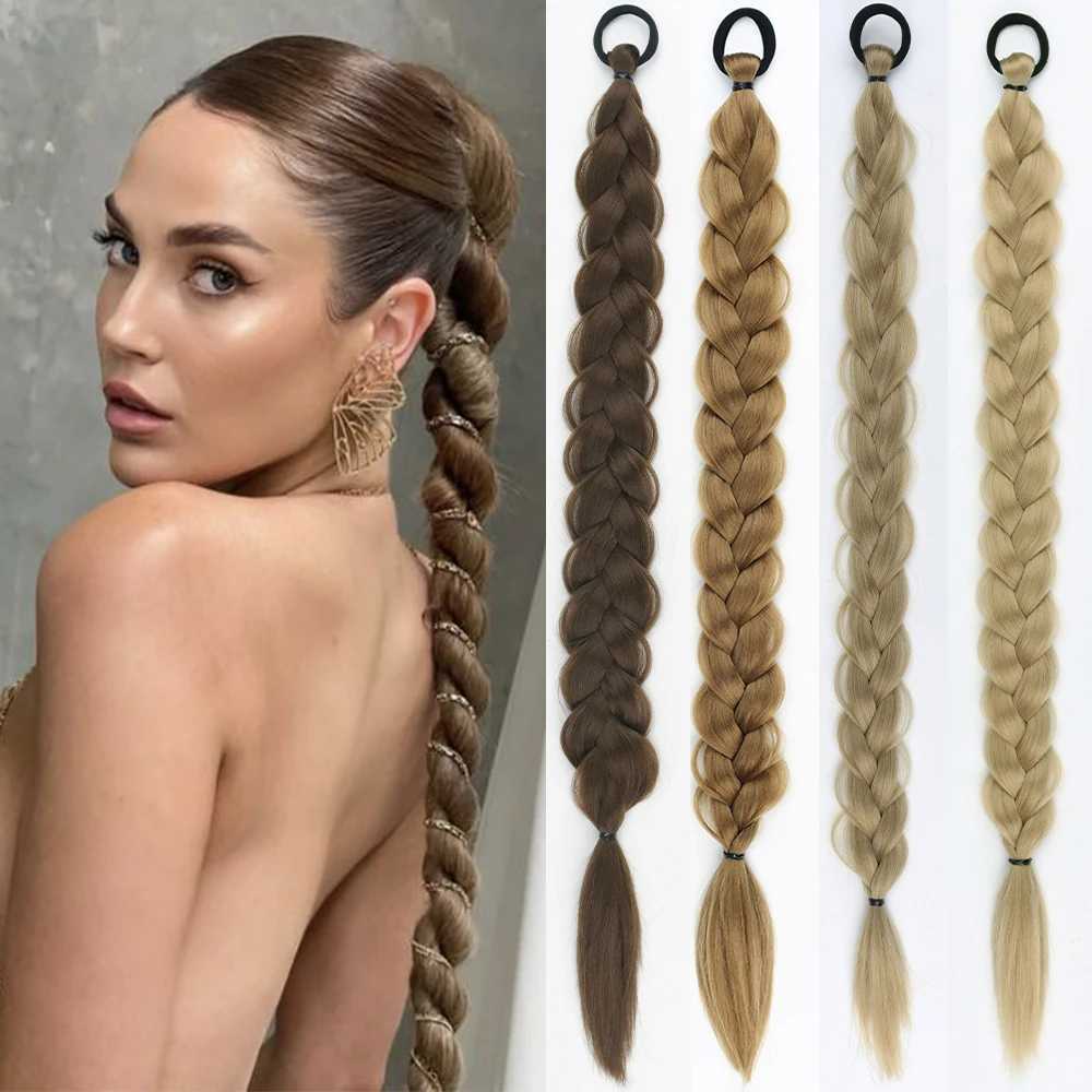 MISSQUEEN 24 inch synthetic long straight braided ponytail hair extension with rubber band black brown ponytail wig W240817
