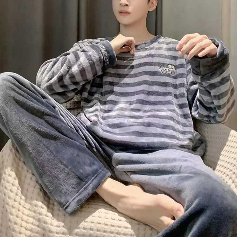 Autumn and Winter Pajama Set Striped O-neck Long Sleeve Warm Elastic Waist Thick Coral Velvet Mens PajamaW240719