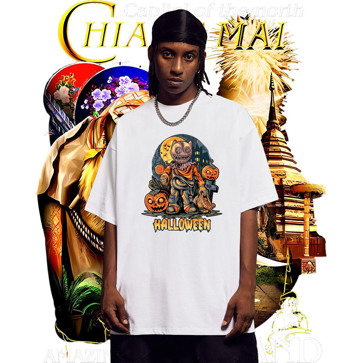 High Quality T Shirt For Man halloween Breathable Crew Neck Street Black White 230g Cotton Men Tops Tees New Clothings