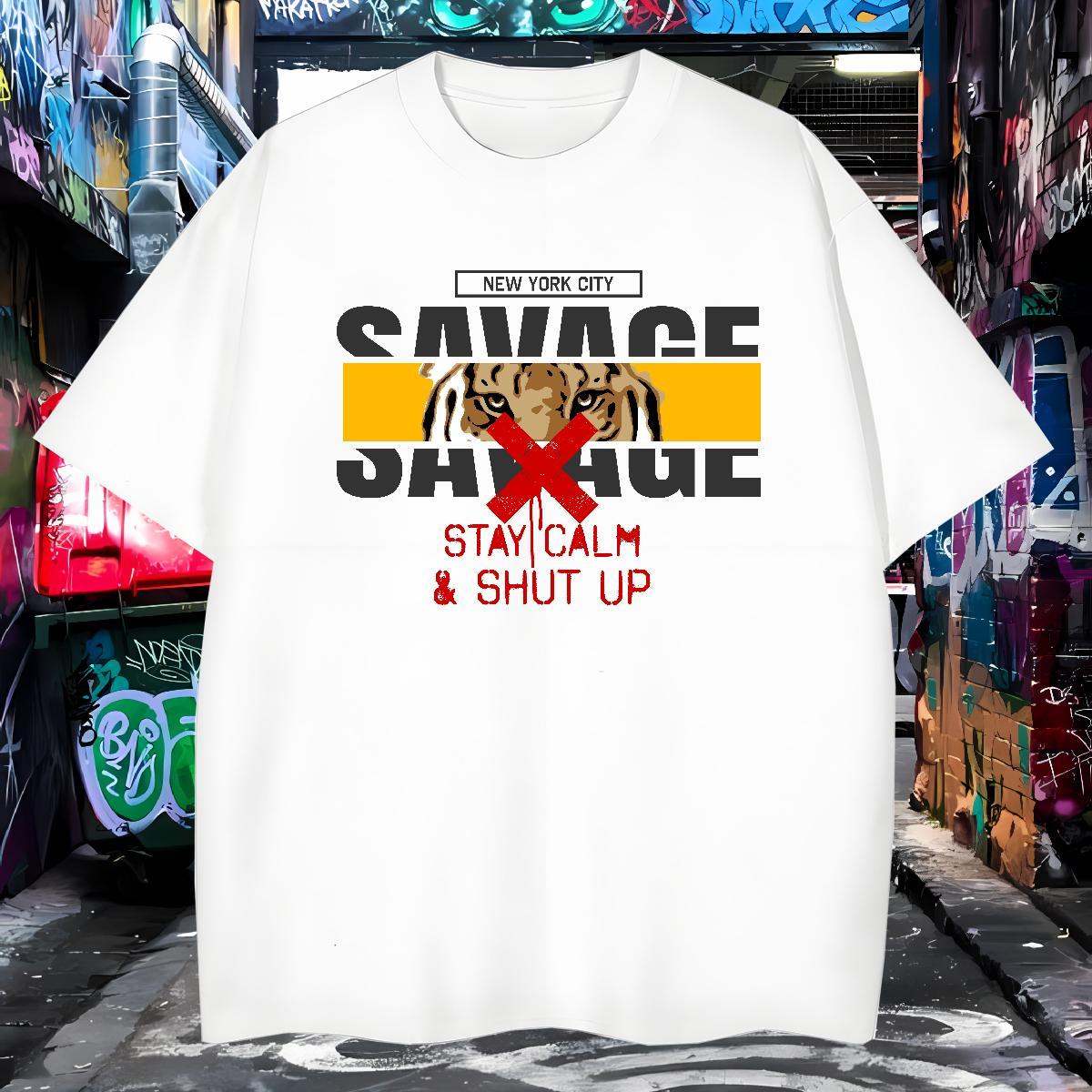 Loose Fit Men T Shirts tiger Breathable Soft Street Wear Custom Printed 100% Cotton 230g Men Tshirts Casual New Tops Shirt