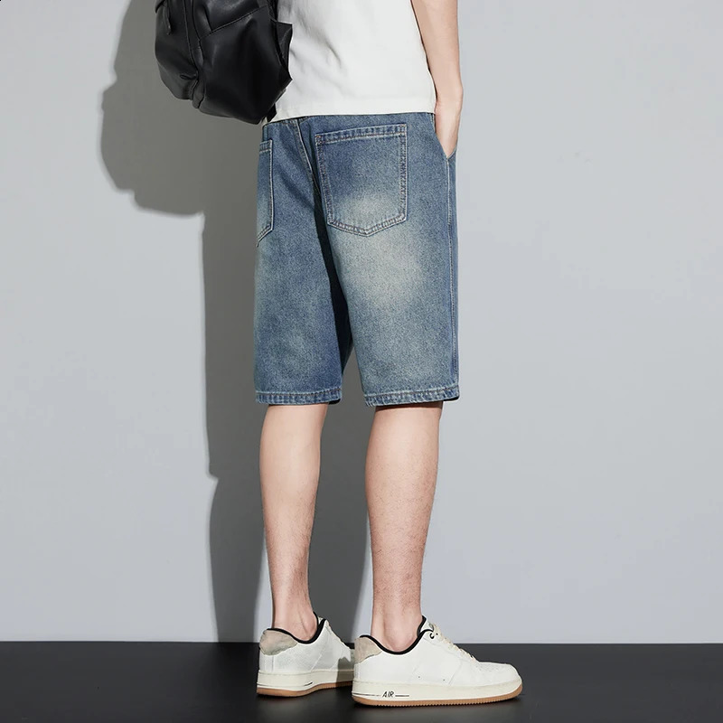 Mens summer shorts denim tight straight blue knee length jeans mens streetwear casual pants 240819