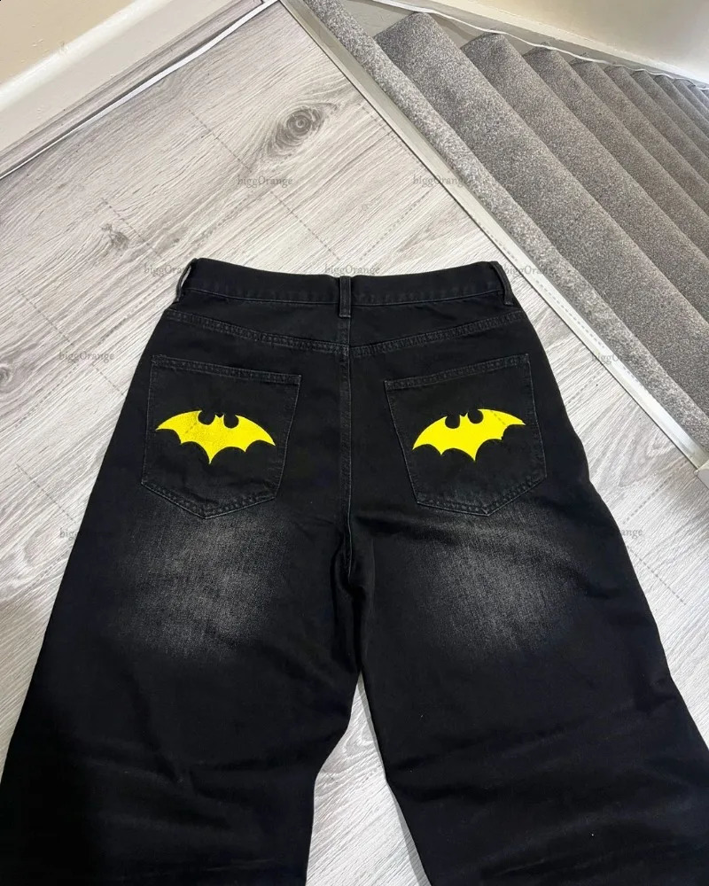 American Style Baggy Oversized Jeans Y2K Harajuku Retro Hip-hop Streetwear Gothic Bat Pattern Casual Straight Wide-leg Pants Men 240819