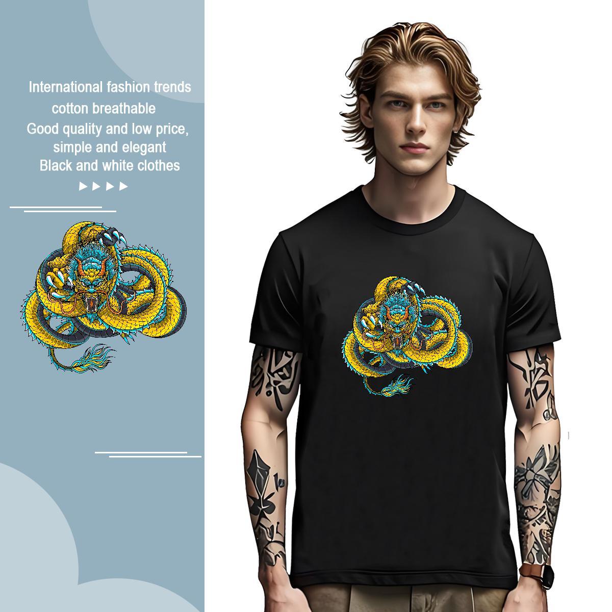 T-Shirts 230g Pure Cotton dragon Daily Outfit Round Neck Short Sleeve Customized Print Men Tops Tees New Cool Clothes