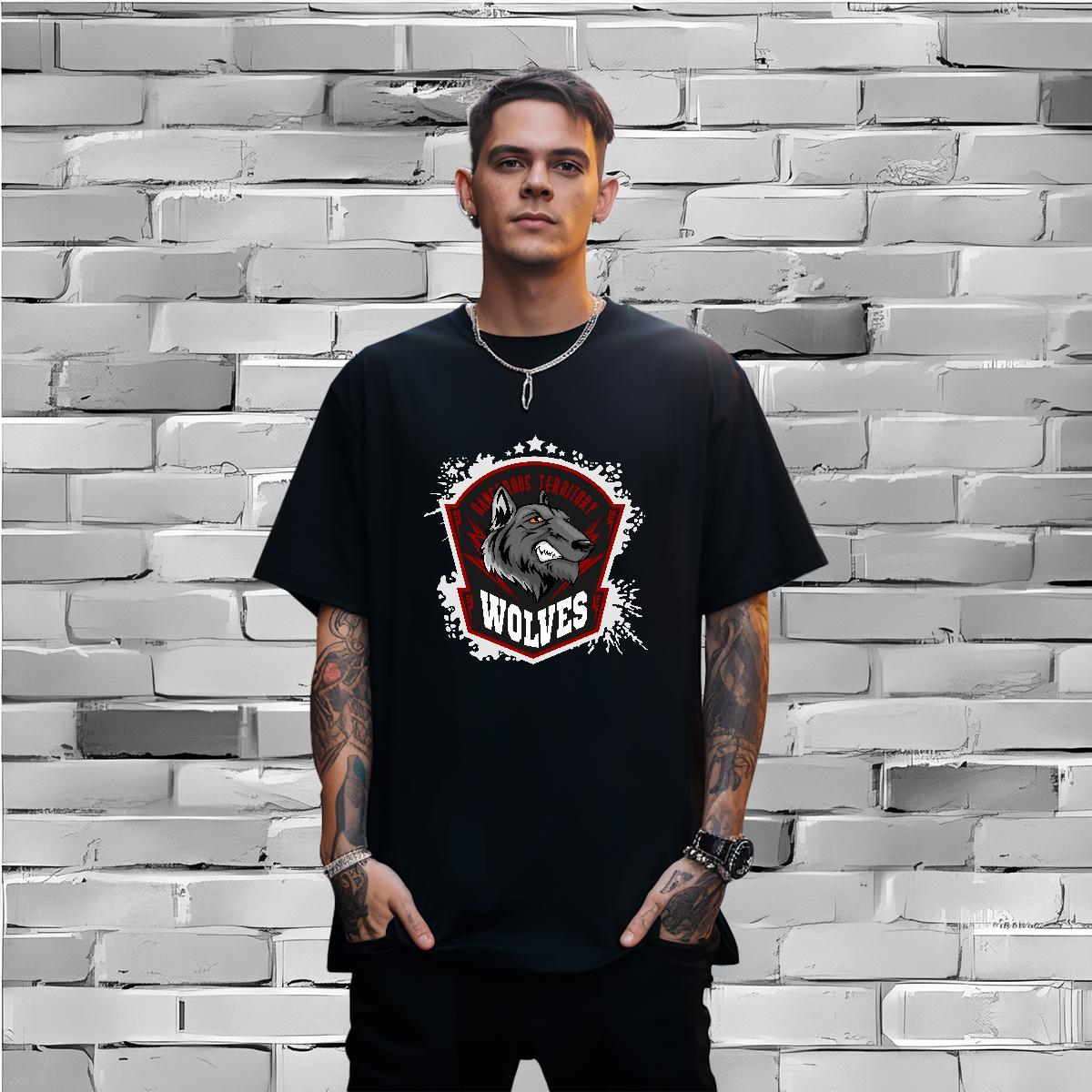 Comfortable T-Shirts for Men wolf Crew Neck High Street Hip Hop Anime Print 230g Pure Cotton Tshirts New Designer Tees