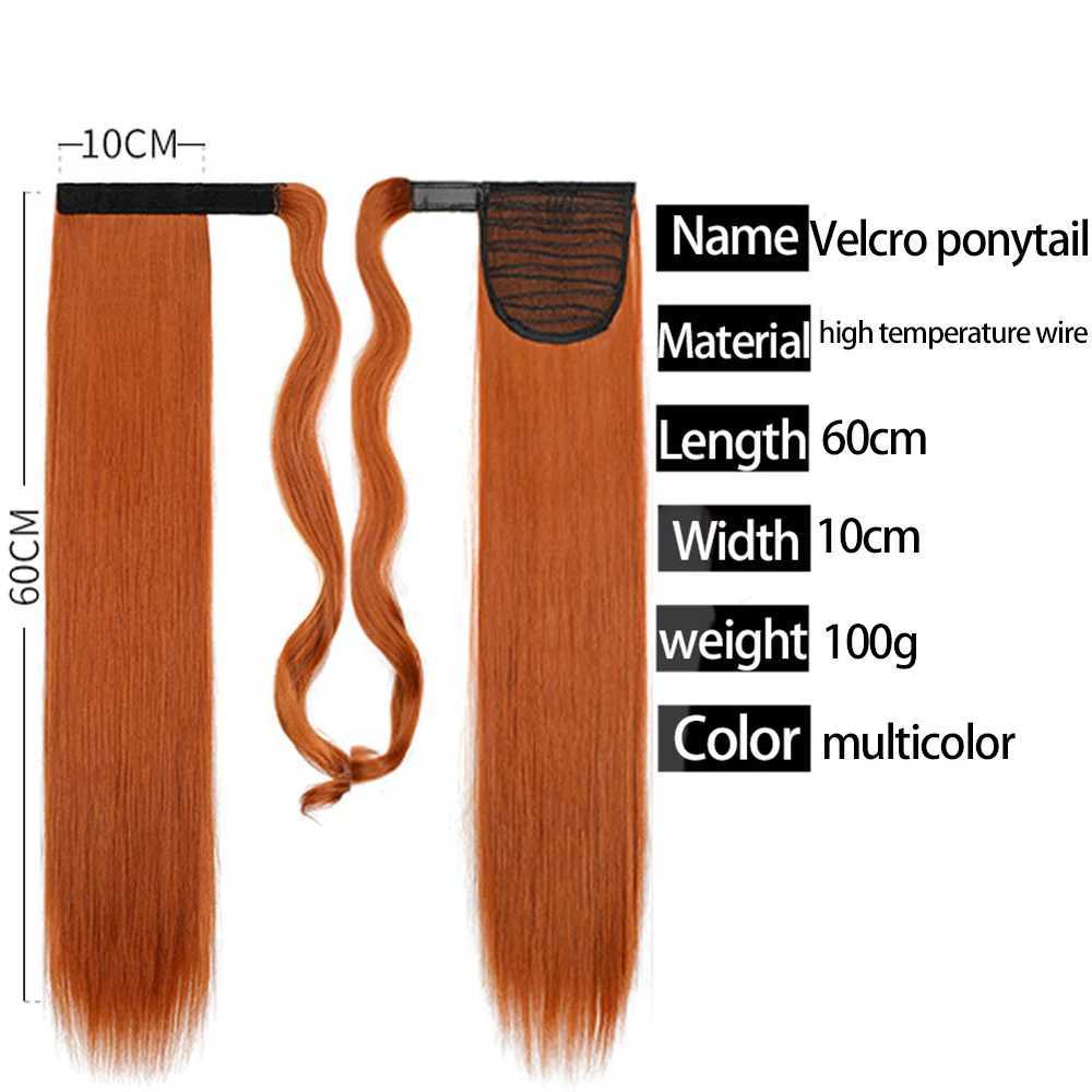 Long straight ponytail extended wig synthetic female hair wrapped around the ponytail W240817