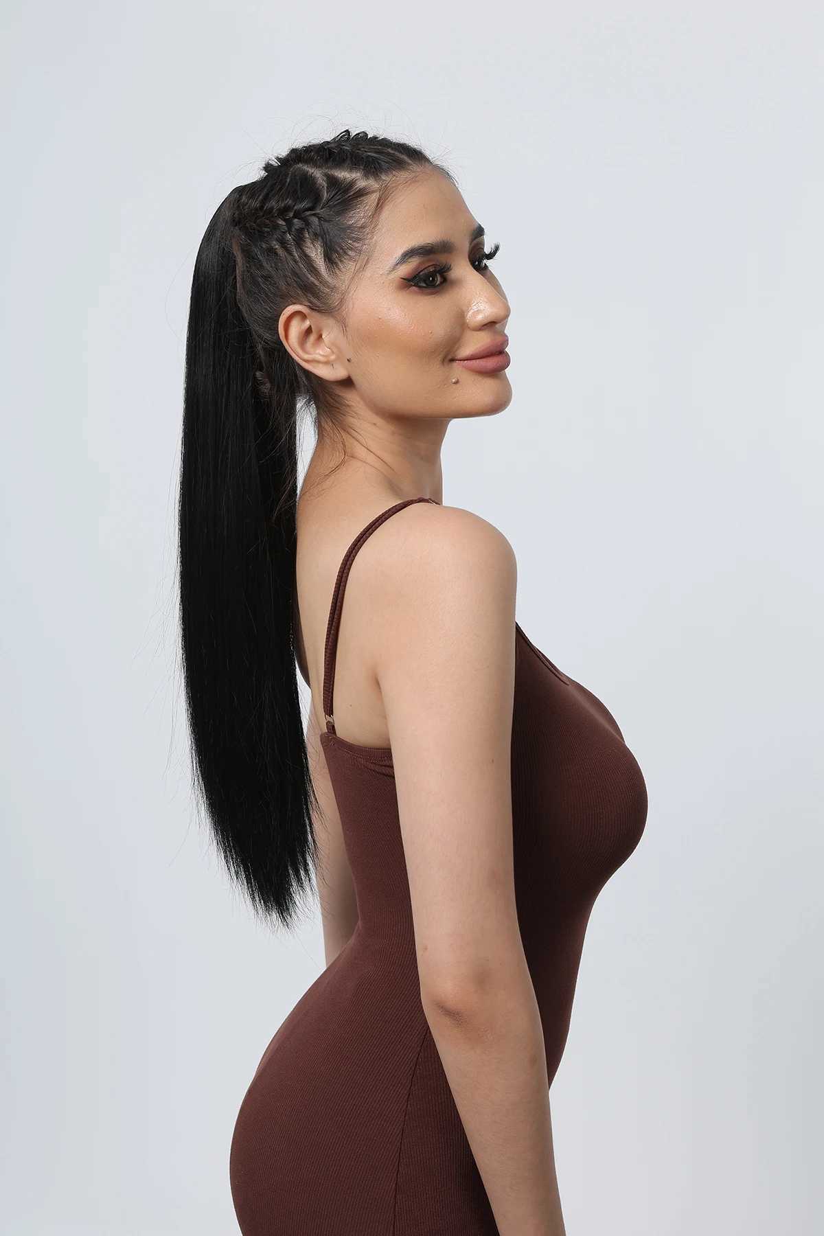 Claw Clip synthetic ponytail long straight black ponytail extension natural color easy to wear womens daily party wig W240817