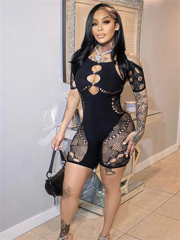 Club set sexy womens short sleeved tight jumpsuit tight pink mesh dress despite top 2024 240820