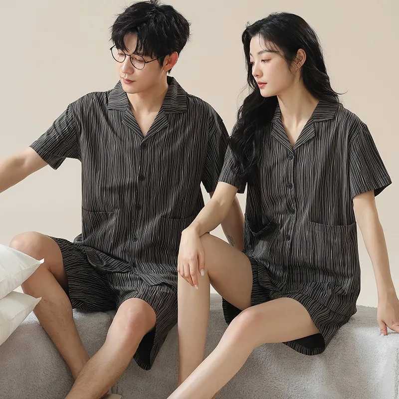 Summer short sleeved Korean style cardigan two-piece set casual V-neck couple pajamas womens pajamas mens pajamasW240719