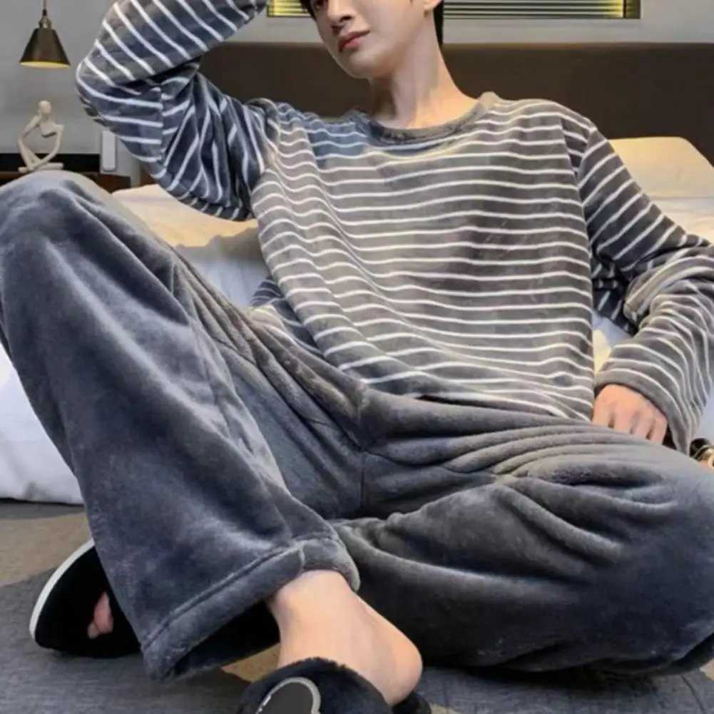 Autumn and Winter Pajama Set Striped O-neck Long Sleeve Warm Elastic Waist Thick Coral Velvet Mens PajamaW240719