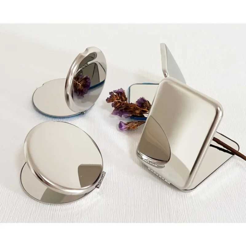 1pc Portable Women Stainless Steel Makeup Mirror Hand Pocket Folded-Side Cosmetic Make Up Mirror Small Various Shapes Y240819