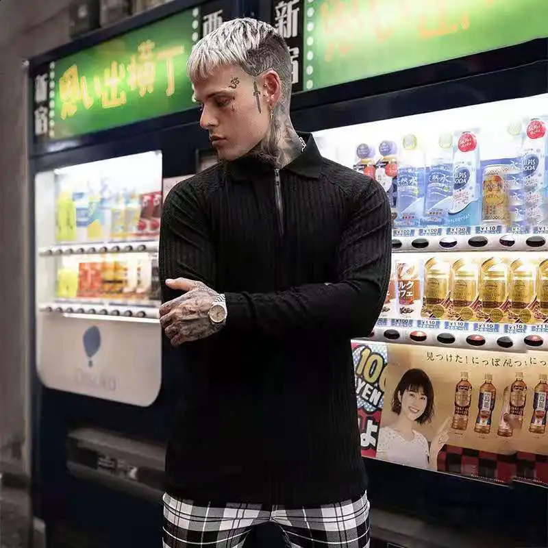 Fashion Long Sleeve Polo Shirt Men Solid Ribbed Printed Casual Lapel Zipper Pullover Tops Slim Men Fitness Polo Shirts 240820