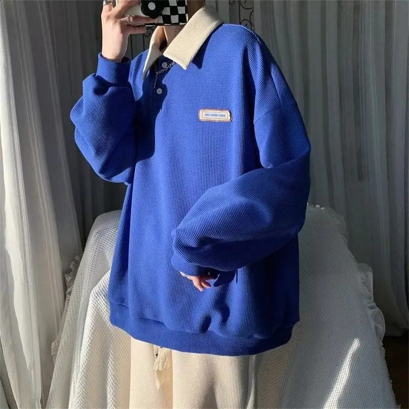 2024 Solid Polo Long Sleeve Vintage Men T Shirts Fashion Casual Oversized Korean Harajuku Tops Spring Fall Thin Clothes 240819