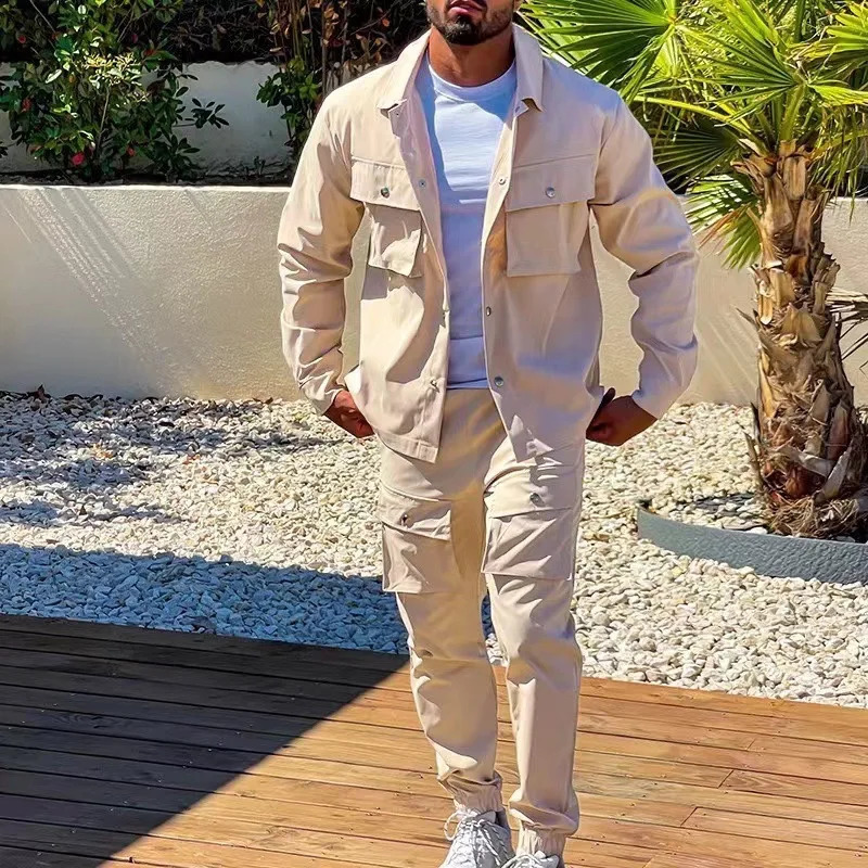 Streetwear Mens Two Piece Sets Spring Turn-down Collar Jackets Pockets Cargo Pants Suits Men Fashion Slim Fit Outfits 240819