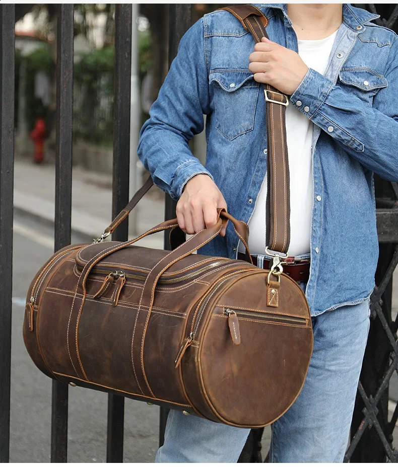 Fashion Genuine Leather Mens Travel Bag Cowhide Luggage Bag For Man Crazy Horse Leather Crossbody Hand Luggage Shoulder Bag 240819