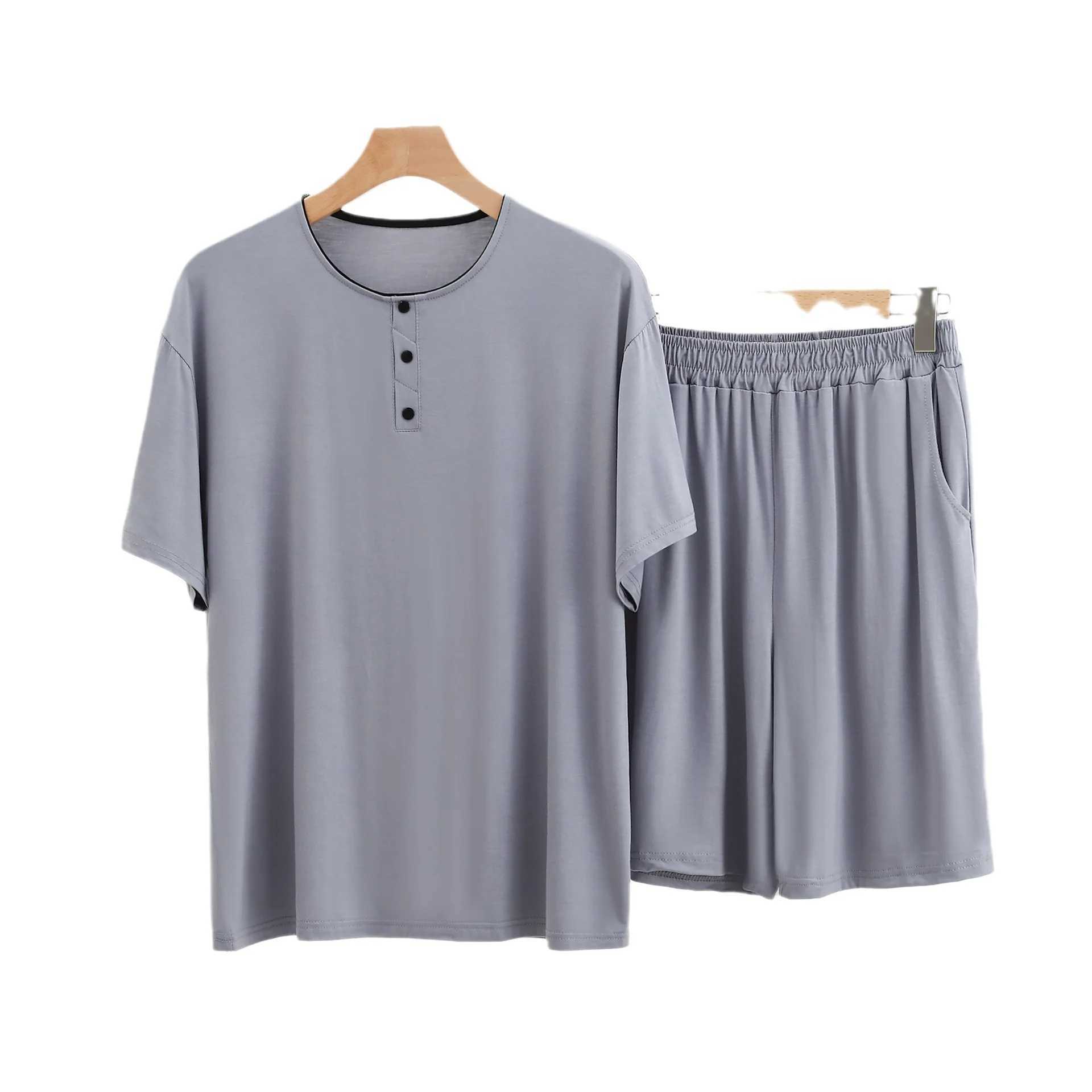 Short sleeved button solid color round neck modular sleep top with short sleeved 2-piece mens sleepwear setW240719