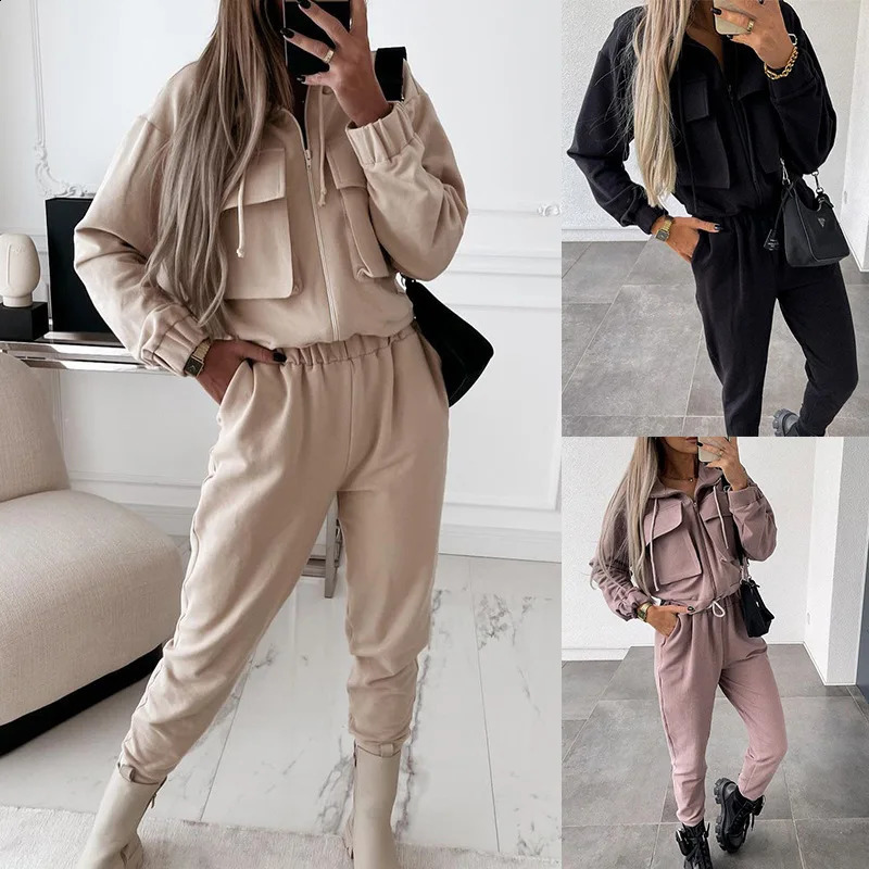 Women Tracksuit Turndown Collar Zipper Cardigan Solid Outerwear Pencil Pants Two Pieces Set Slim Fit Sports Casual Pockets 2024 240819