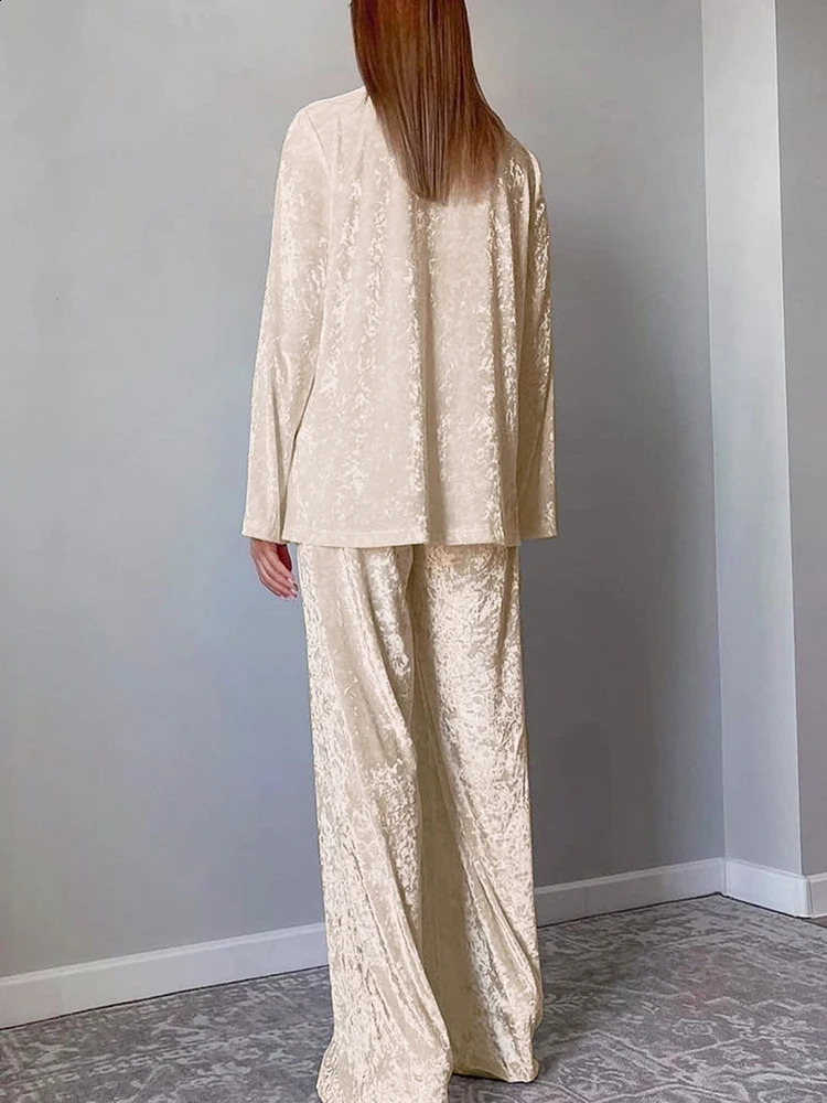Hiloc Velvet Pajama Long Sleeve Womens Set Collar Knitted Trouser Single Chest Family 240819