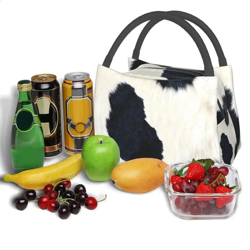 Real Black And White Cowhide Thermal Insulated Lunch Bags Print Women Rustic Cow Faux Fur Skin Leather Resuable Meal Food Box 240819