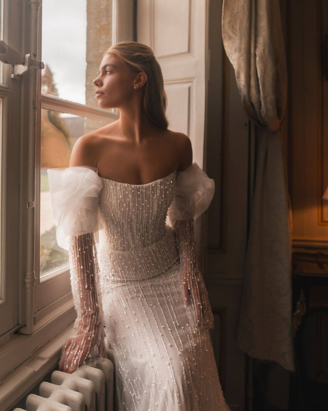 Arabic Illusion Mermaid Ivory Wedding Dress Beaded Sequined Long Sleeve Bridal Gowns Custom Made Dresses