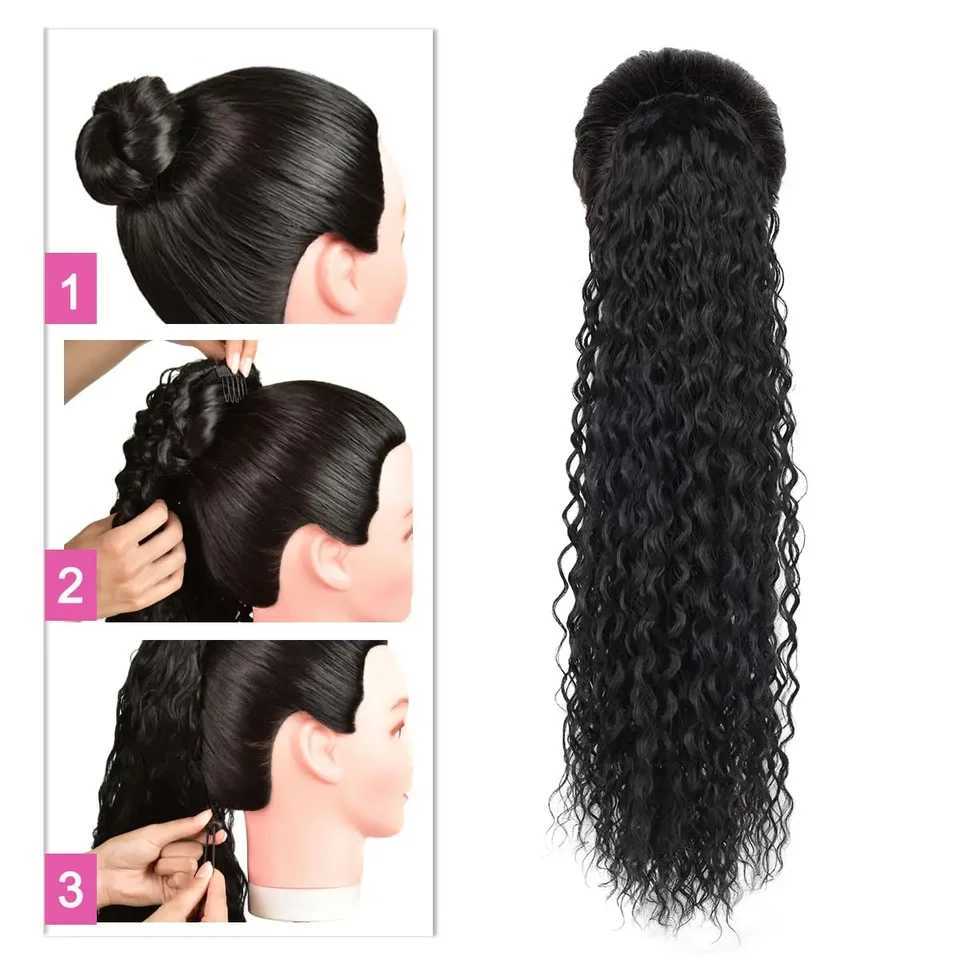 Long curly ponytail extended clip in synthetic brushed ponytail wig 32 inches long water wave African ponytail womens hair clip W240817