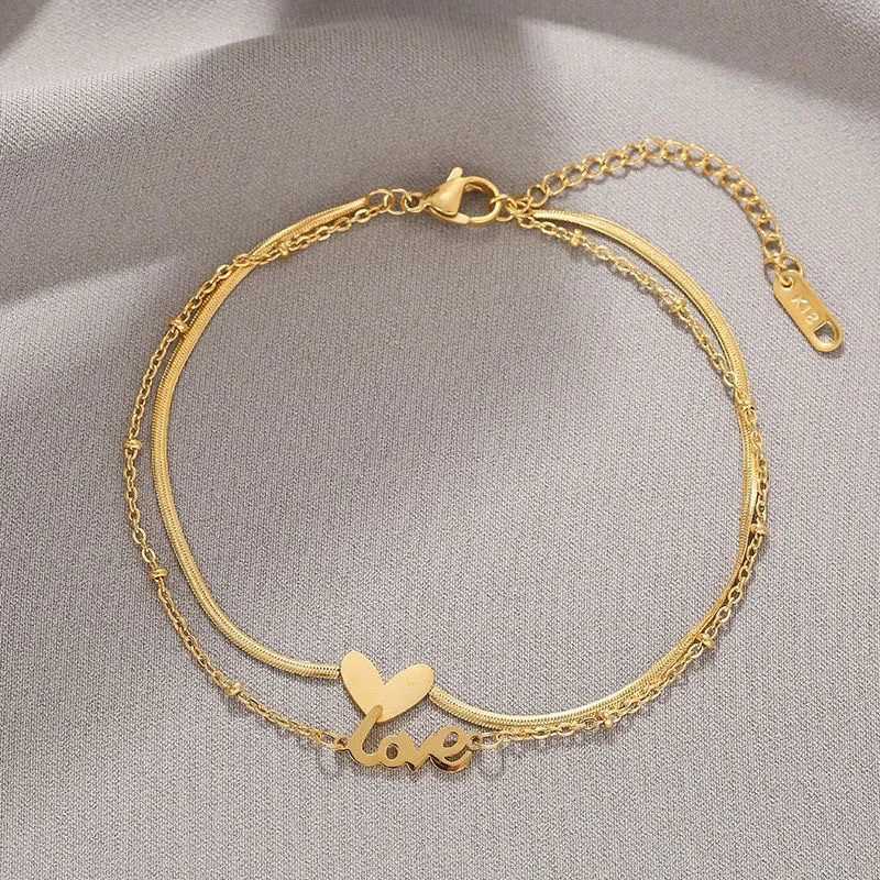 Luxury brand jewelry double-layer heart-shaped letter anklet snake chain womens gold stainless steel womens jewelry does not fade W240815