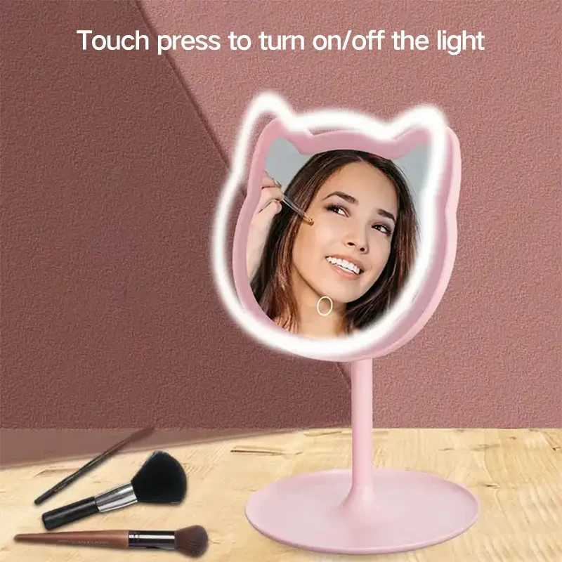 Desktop Cartoon Cat Led Light Makeup Mirror Portable Fashion Mini Electric Cosmetic Mirror for Personal and Home Y240819