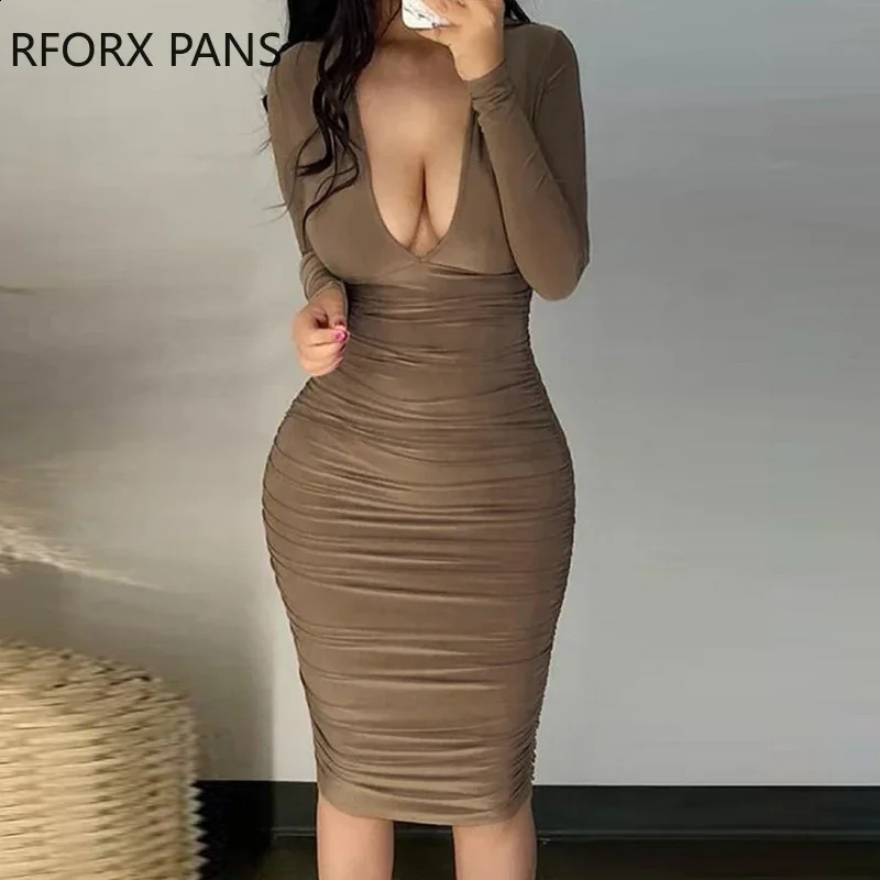 Women Solid Elegant Long Sleeves Deep V Neck Folds Sexy Midi Bodycon Party Sexy Dress 240819