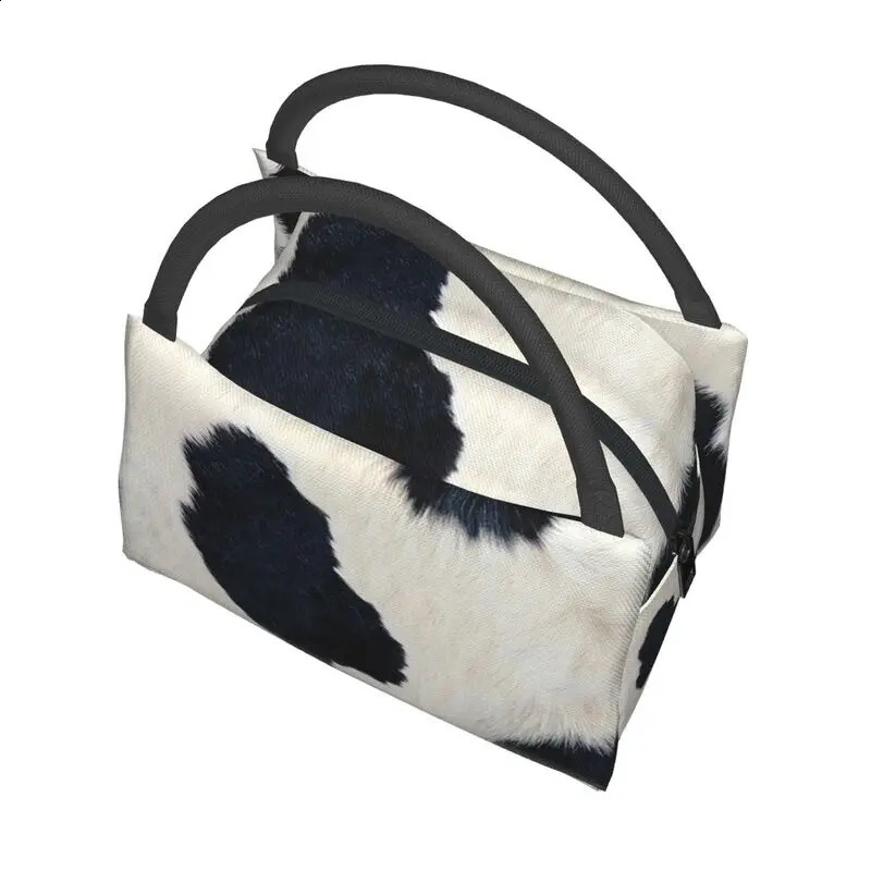 Real Black And White Cowhide Thermal Insulated Lunch Bags Print Women Rustic Cow Faux Fur Skin Leather Resuable Meal Food Box 240819