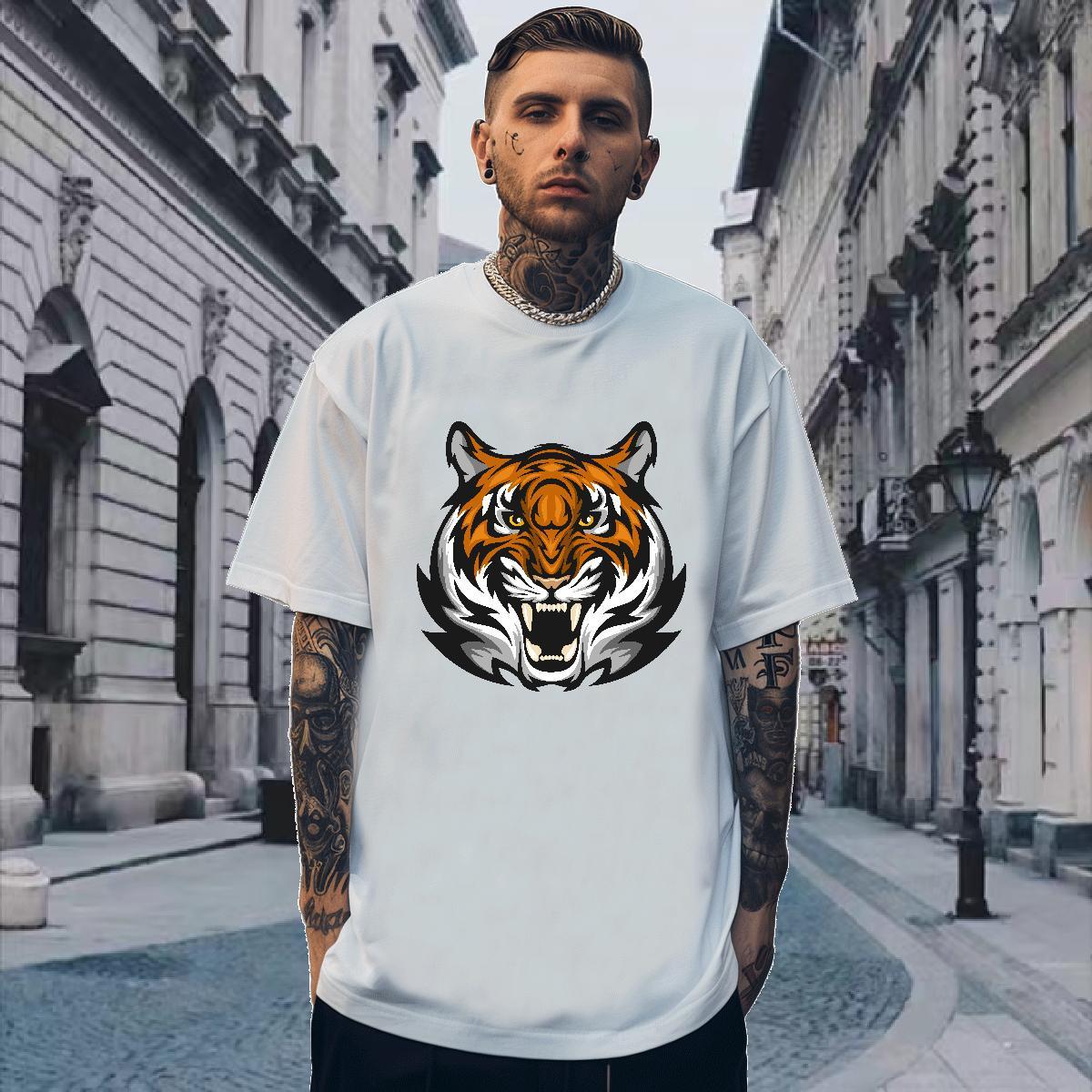 Classic Men T Shirts tiger Breathable Short Sleeve Casual Beach Plus Size Cartoon 100% Cotton 230g Mens Tshirts 2024 Tee Shirt