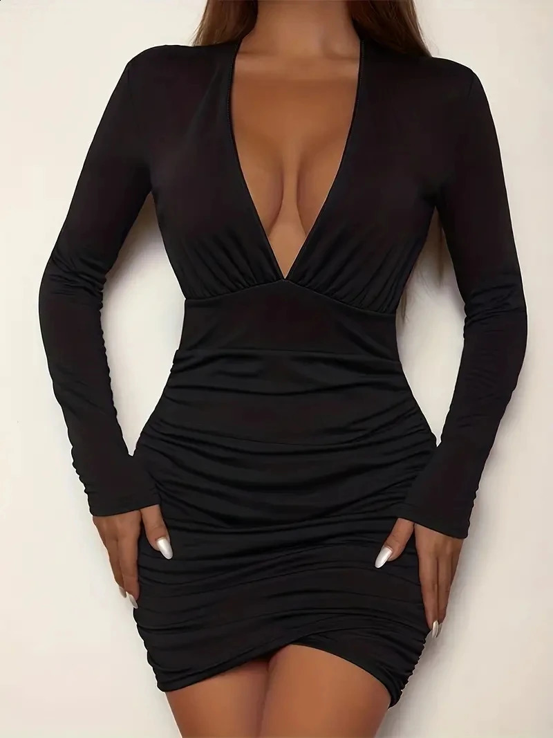 Youre My Secret Womens Ruched Bodycon Plunging V Neck Dress Solid Fashion Sexy Long Sleeve Dress For Spring Fall Basic 240819