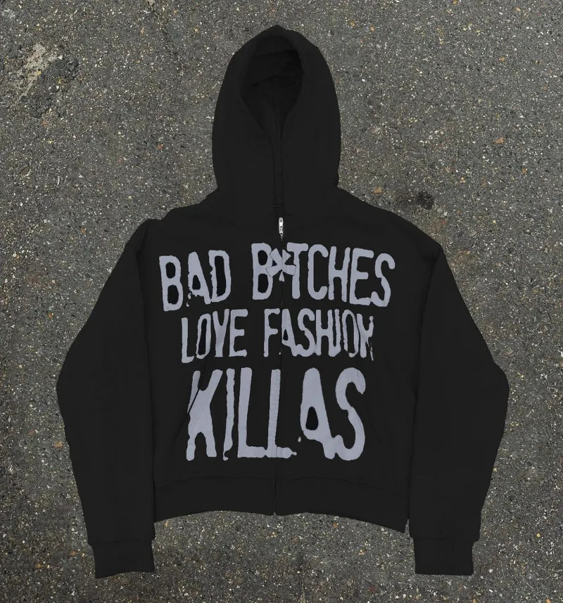 Harajuku letters simple classic printed zipper hoodies womens y2k high street hip-hop casual versatile baggy vintage sweatshirts 240809