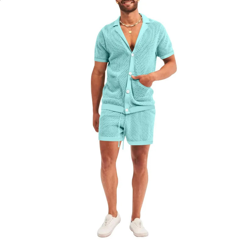 Mens 2 Pieces Set Summer Hollow Out Knitted Casual Beach T-shirt Shorts Suits Sports Lapel Cardigan Short Sleeve Solid 240819