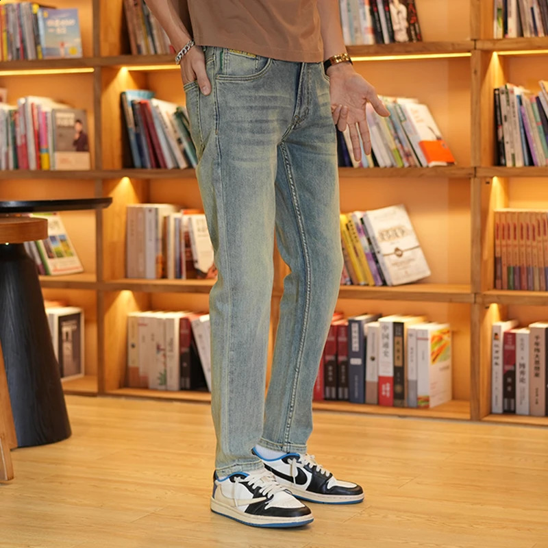 American washed retro light colored jeans for men slim fit small straight stretch fully matched with street mens style 240819