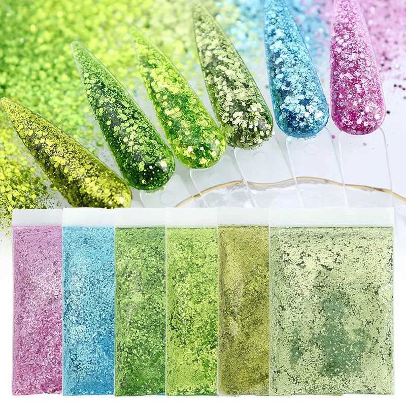 50G Pink Green Glitter for Nails Powder Sequins Mixed Bulk Decoration Shiny Iridescent Fine Pigment Manicure Accessories DesignXJ240815